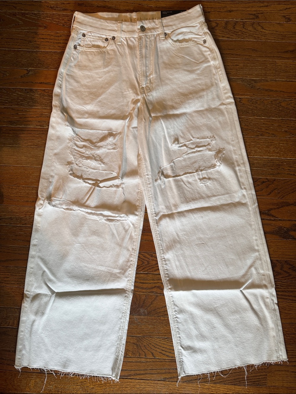 American Eagle Outfitters White Distressed Wide-Leg Jeans